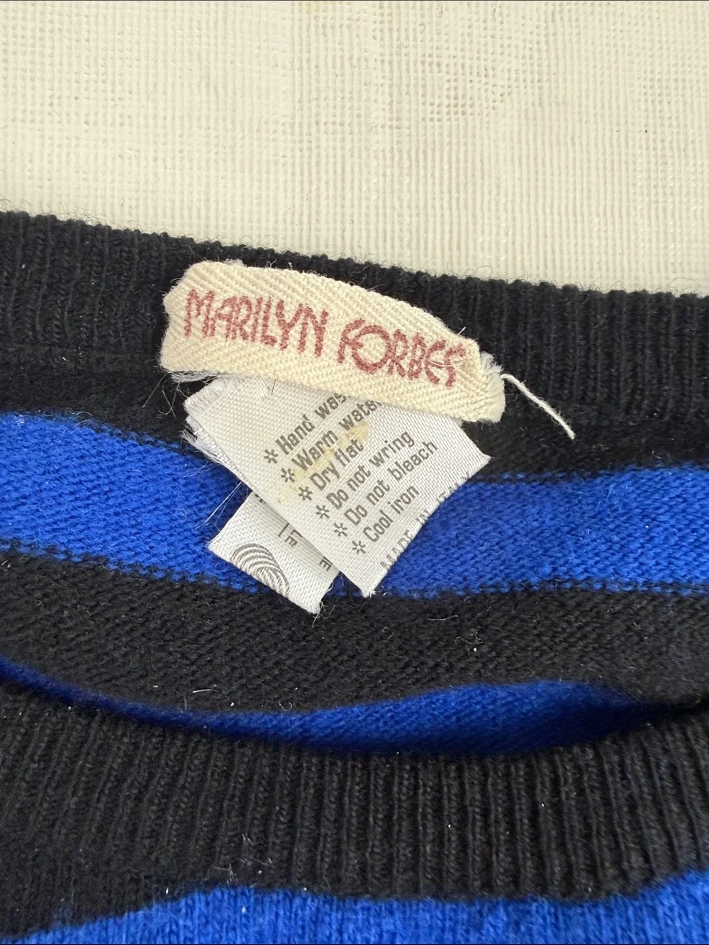 Marilyn Forbes Blue Black Striped Crewneck Oversized Sweater Front pocket Size M